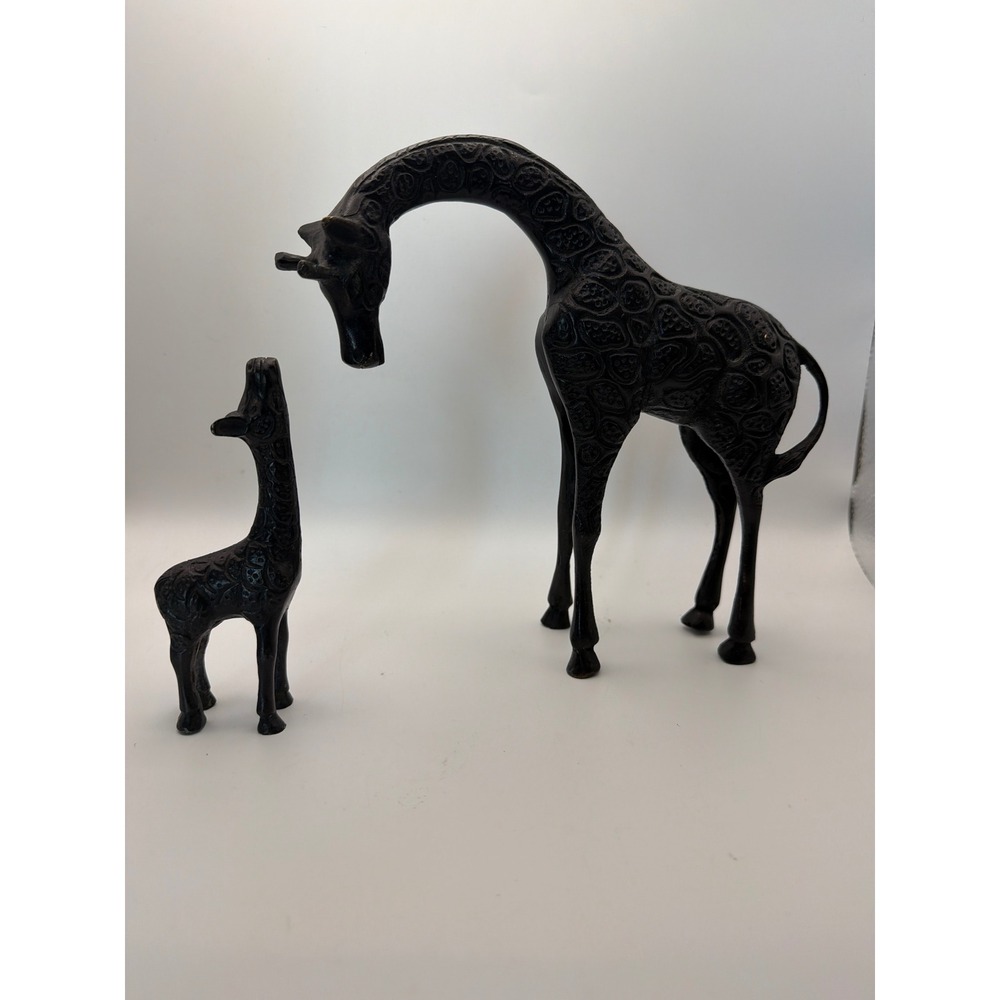 Vintage Giraffe Figurine Set Black Bronze Safari Decor 2pc Bowing Calf